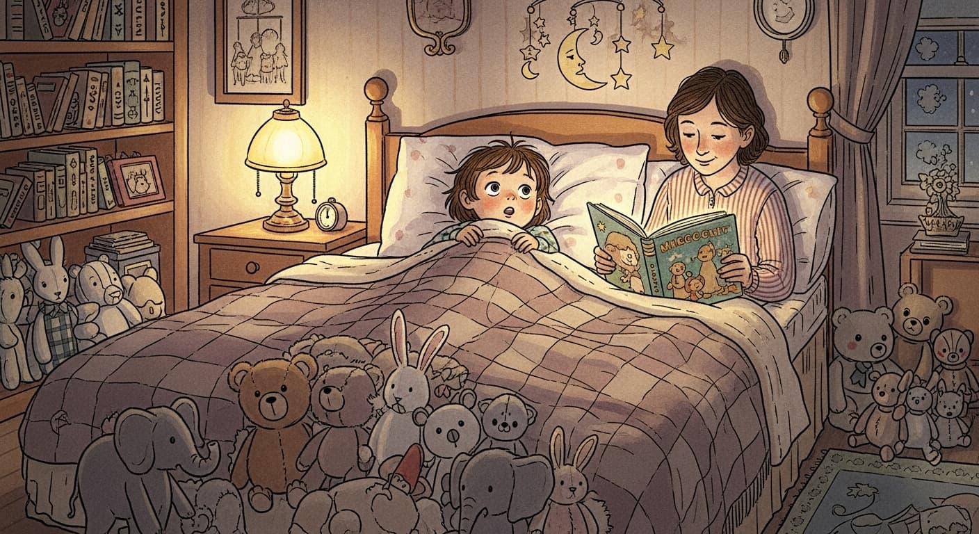 Parent reading a bedtime story to child in cozy bedroom setting